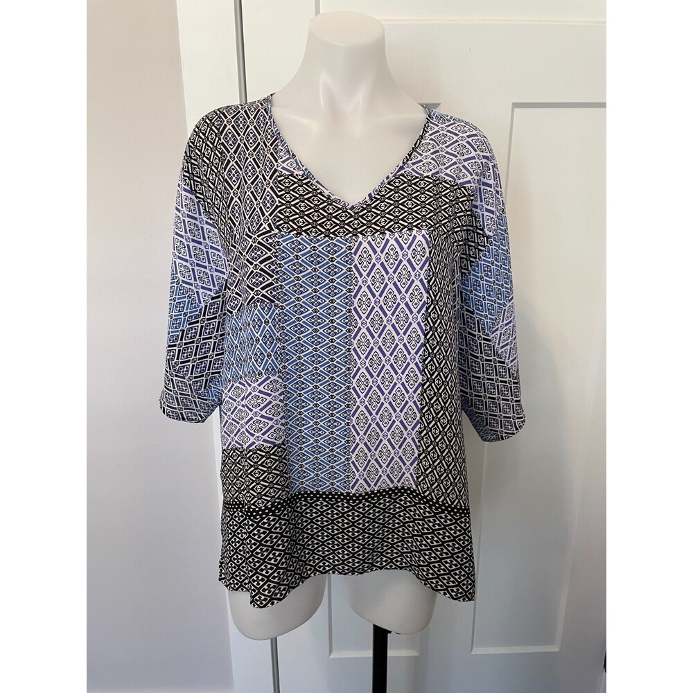 CHICOS Womens TOP Short Sleeve BLUE Black Geometric Boxy Fit Size 2 (L/12)